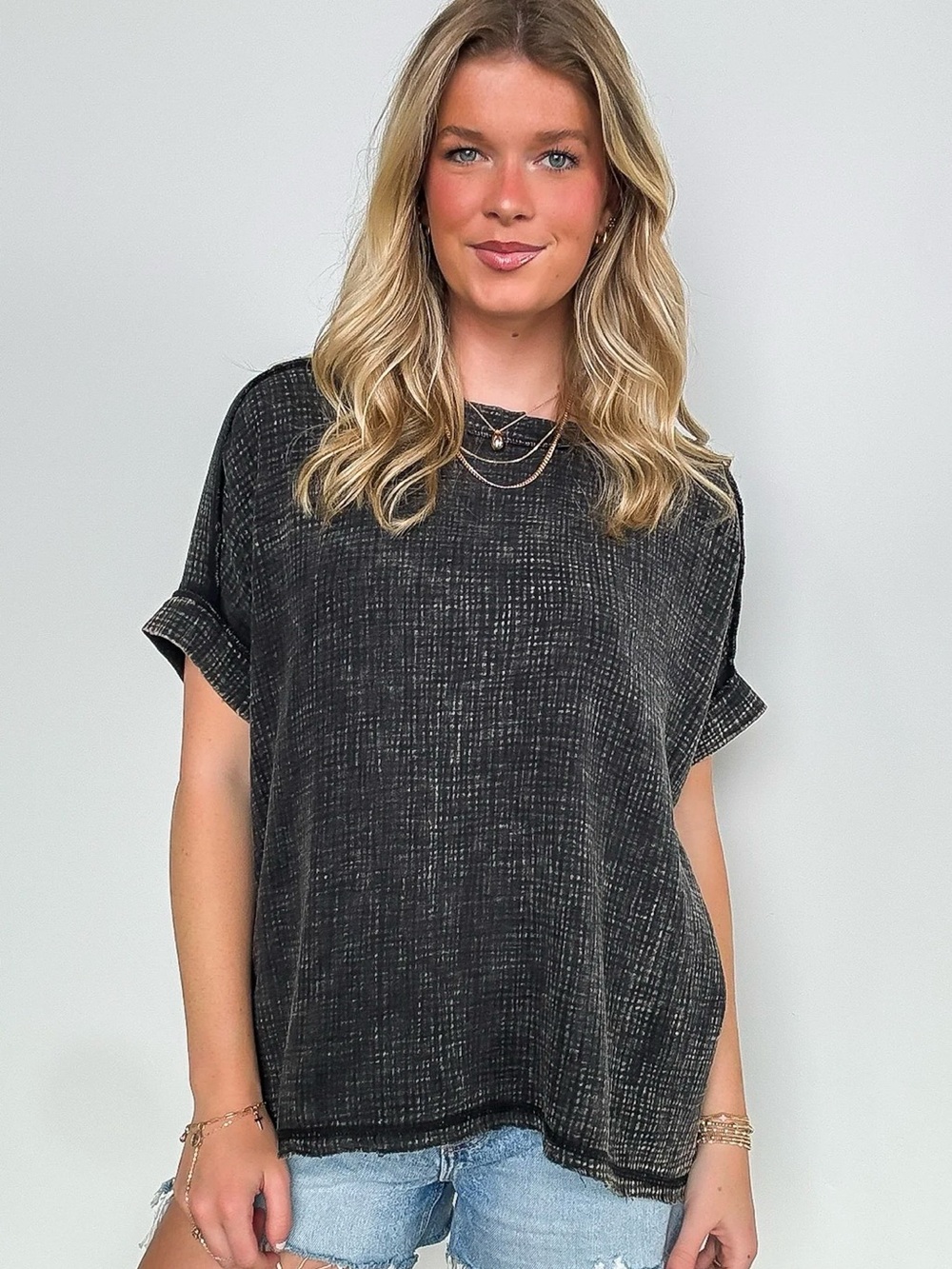 NWT Zenana Women’s Ashton Acid Wash Ash Black Double Gauze Top Shirt - Size L - Picture 2 of 13